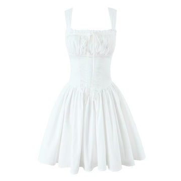 Sweet Strap Dress for Women Summer White First Love Ballet Style Waist-Cinching A-Line Short Dress