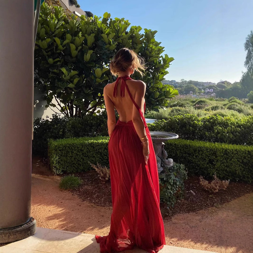 French Style Sexy Backless Deep V Elegant Halter Neck Dress with Draping Effect, Super Fairy-like Vacation Long Dress