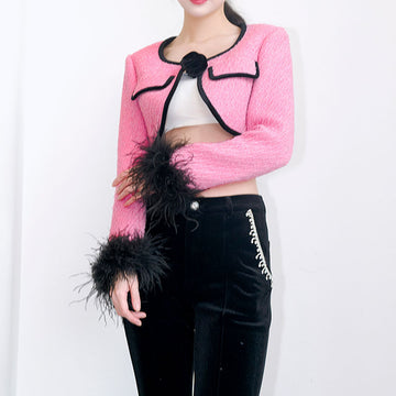 Short Coat with Ostrich Feather Sleeves, Velvet Trim, Rose Top, New Design with Floral Fake Pockets for Women