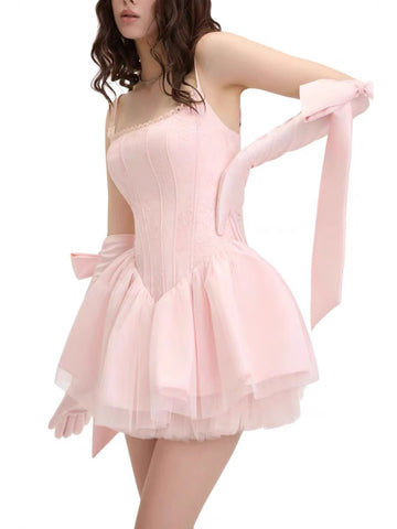 Pink Sweet Sling Bow Backless dress Spice Sling Fishbone Shiny Shaped Veil Skirt Waist Fishbone
