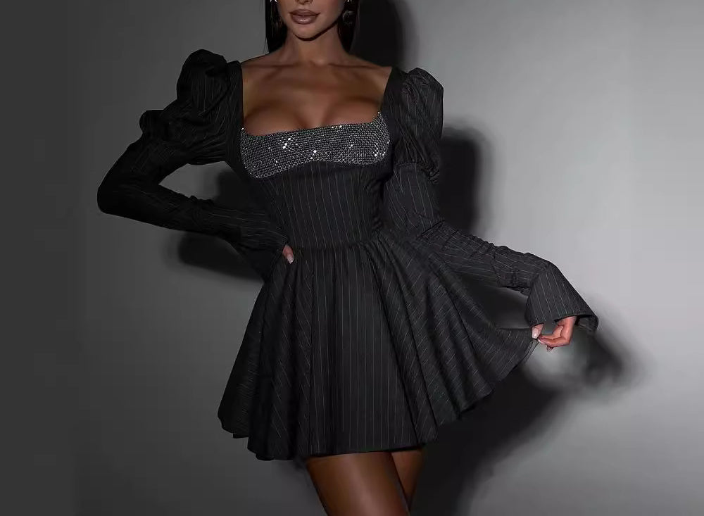 Elegant Bubble Long Sleeve Square Collar Sequin Skirt Lace-up Waisted Slim-fit dress