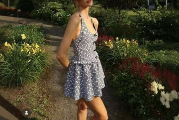 Chanel Style Retro Short Dress French Sexy Halter Plaid Polka Dot Sweet Dress