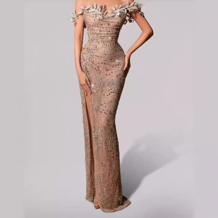 Off-Shoulder Fashion Evening Dress, Strapless Long Slit Floor-Length Dress, New European and American Women's Fashion