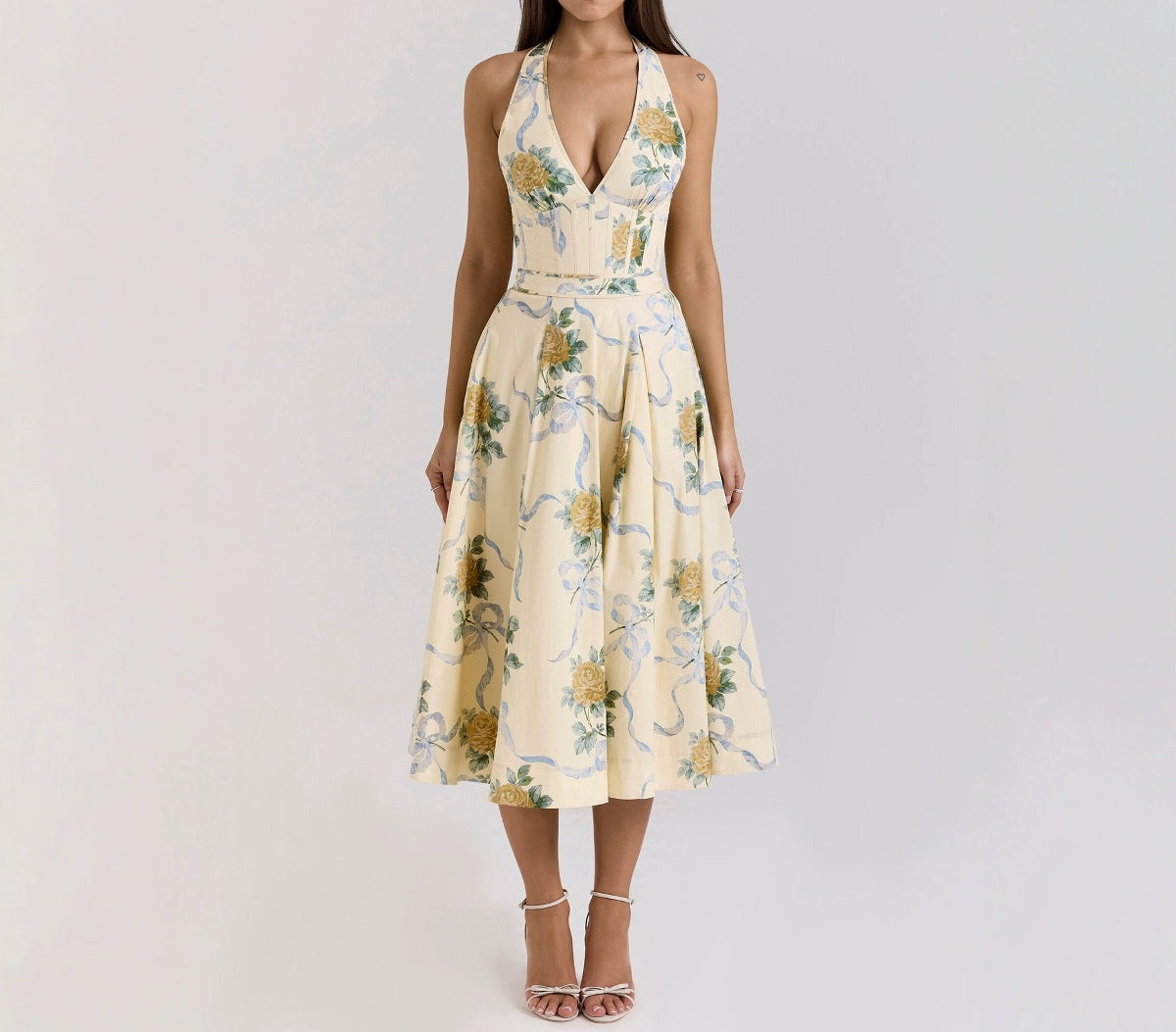 Holiday Style Hanging Neck Deep V-Neck Backless Strap Waist-Tight Printed Mid-Length dress Women's Summer