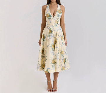 Holiday Style Hanging Neck Deep V-Neck Backless Strap Waist-Tight Printed Mid-Length dress Women's Summer