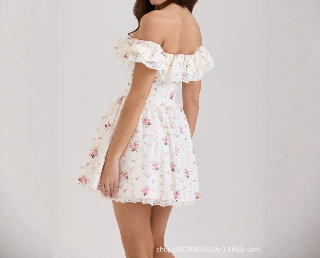 Princess Sweet Shoulder Bow Floral Lace dress Women