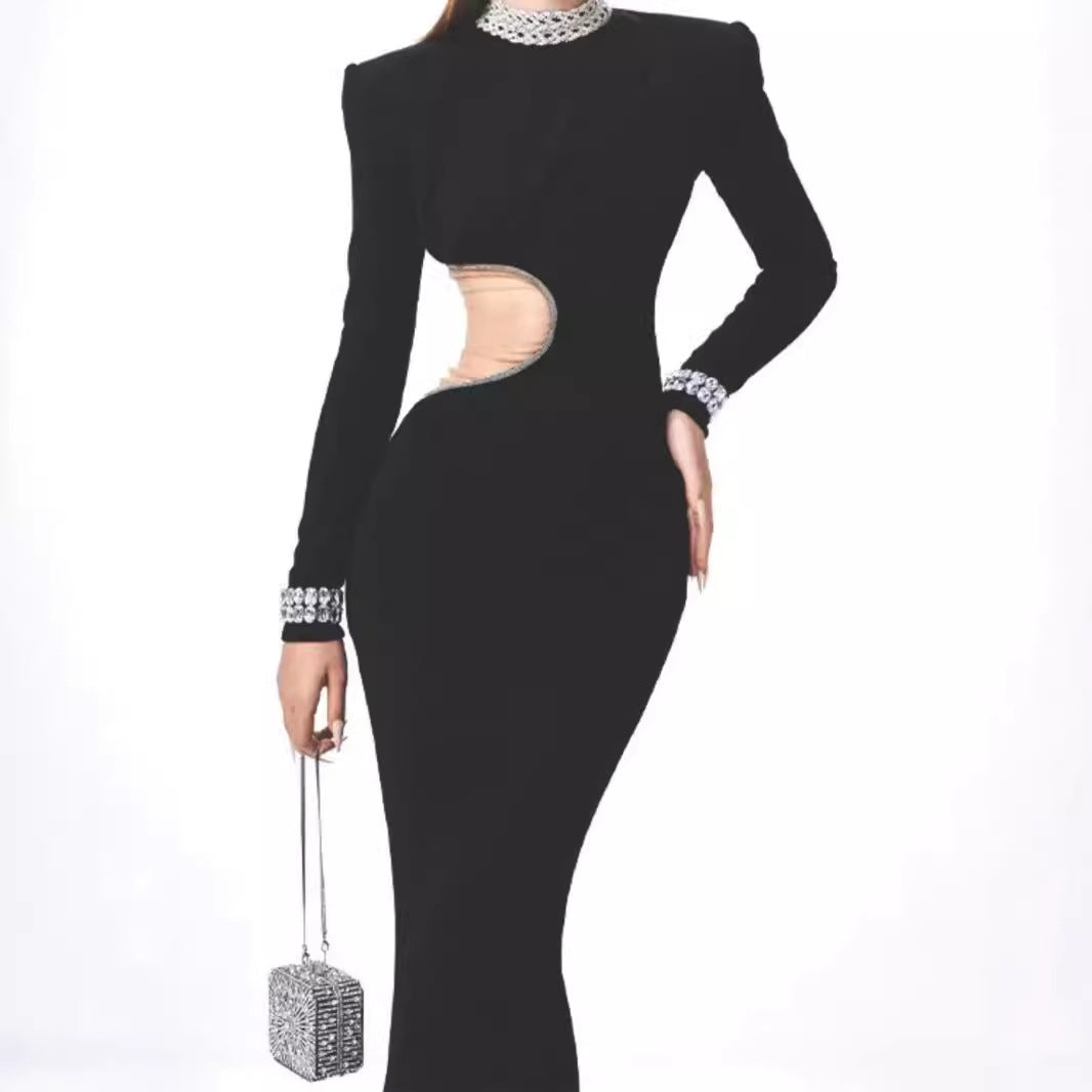 Rhinestone Stand Collar Long Sleeve Slim Velvet Slimming Light Luxury Evening Dress Design Sense Hepburn Style Dress