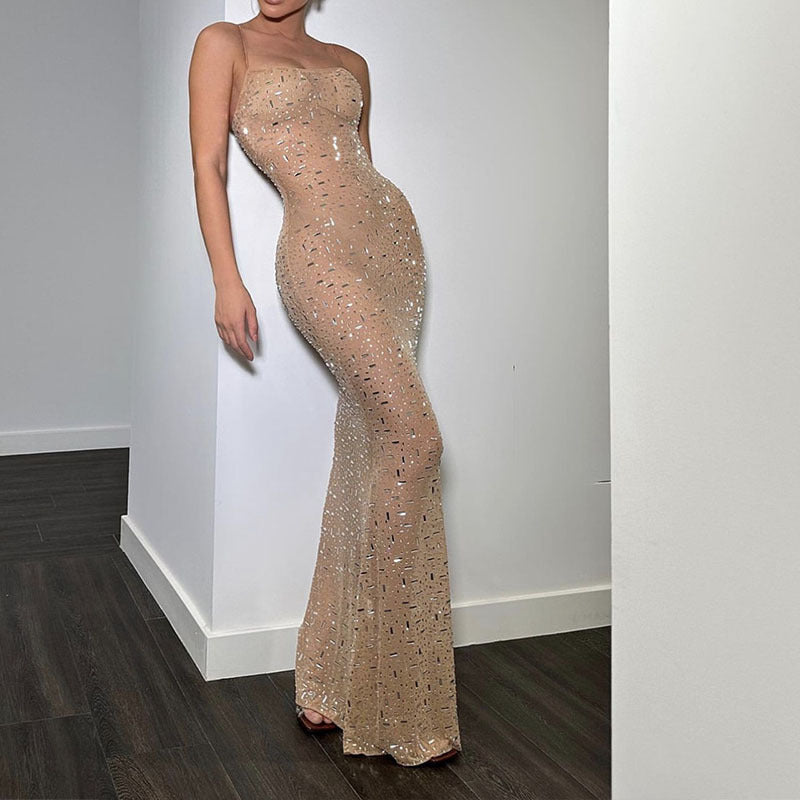 Nude Mesh Gown with Rhinestones