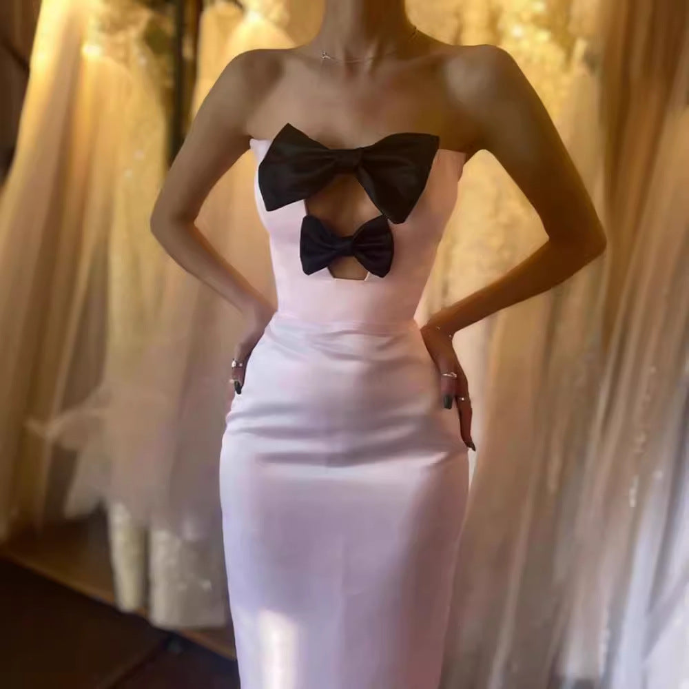 Pure Desire Socialite Elegant Banquet Dress French Style High-end Bow Tight Waist Off-shoulder Dress