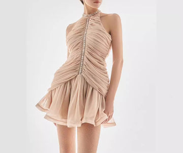 Waist-Cinching Body-Flattering Rhinestone Luxury Halter Neck Top A Line skirt