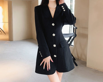 Autumn and Winter Sexy Solid Color Style Long-sleeved Waist Slim-fit Slimming Suit Lapel dress Women's Early Autumn