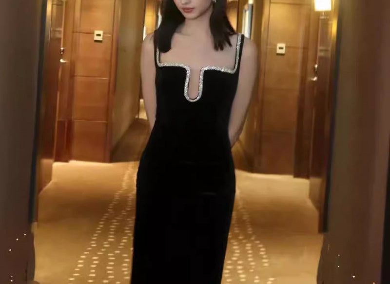 French Sexy Ladies Diamond Decorations Square Collar Party Banquet Dress Velvet Skirt