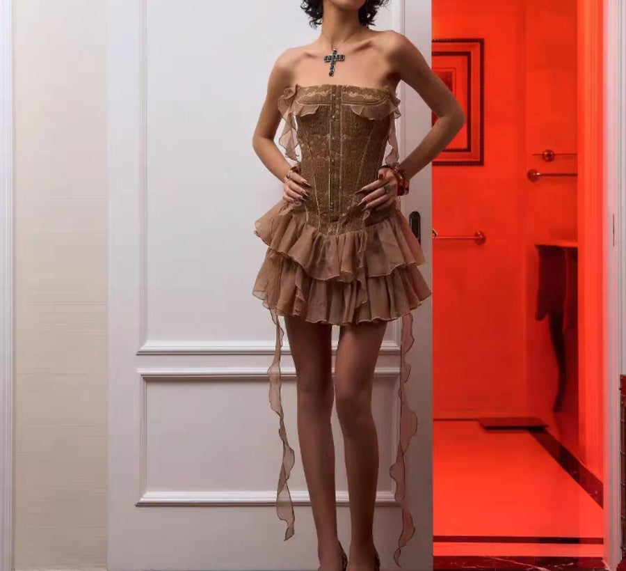 Brown Strapless dress Short Waisted Slim-fit Tassel Fashionable Dress