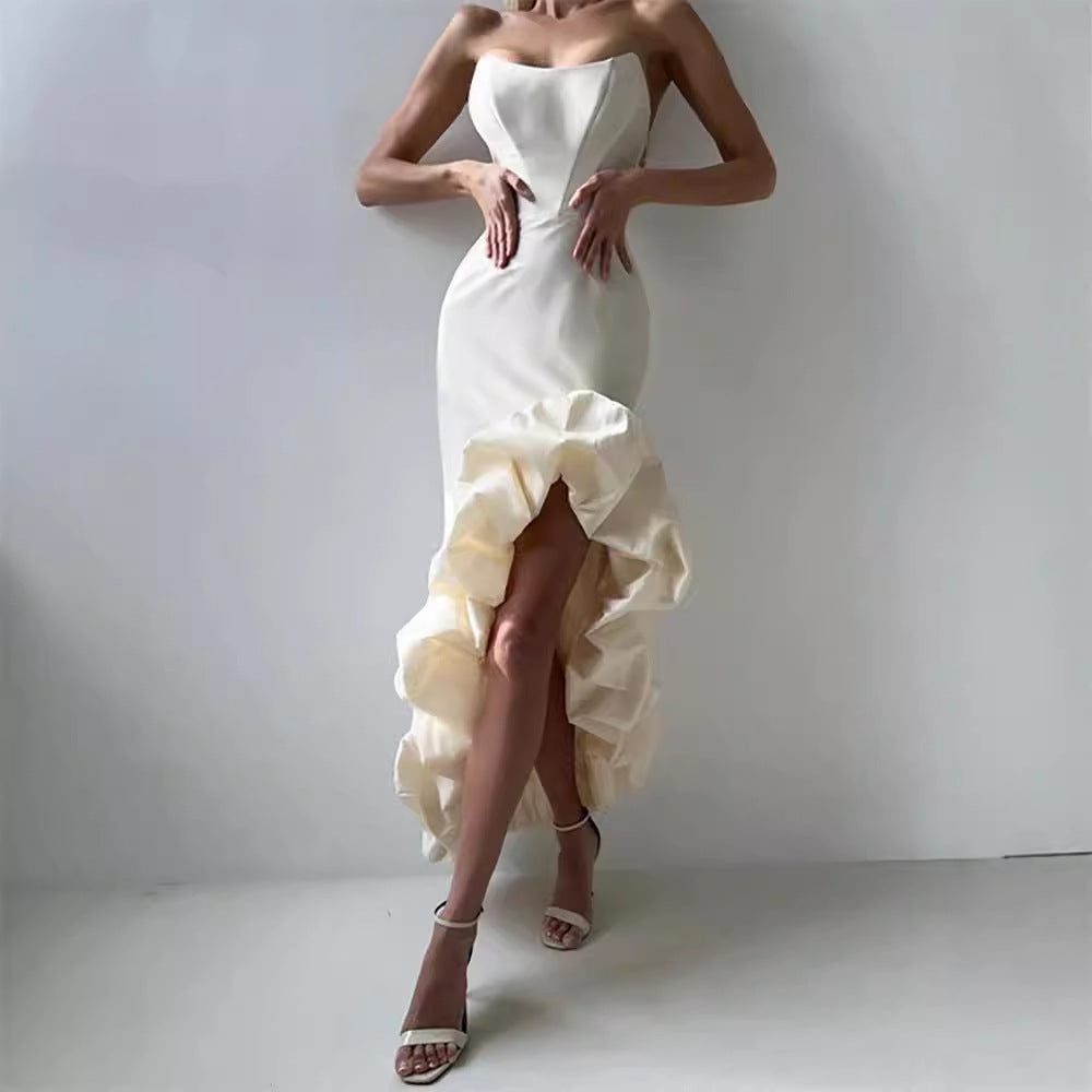 Summer New Sexy Split White Bra Pleated Dress Irregular Dress Dress