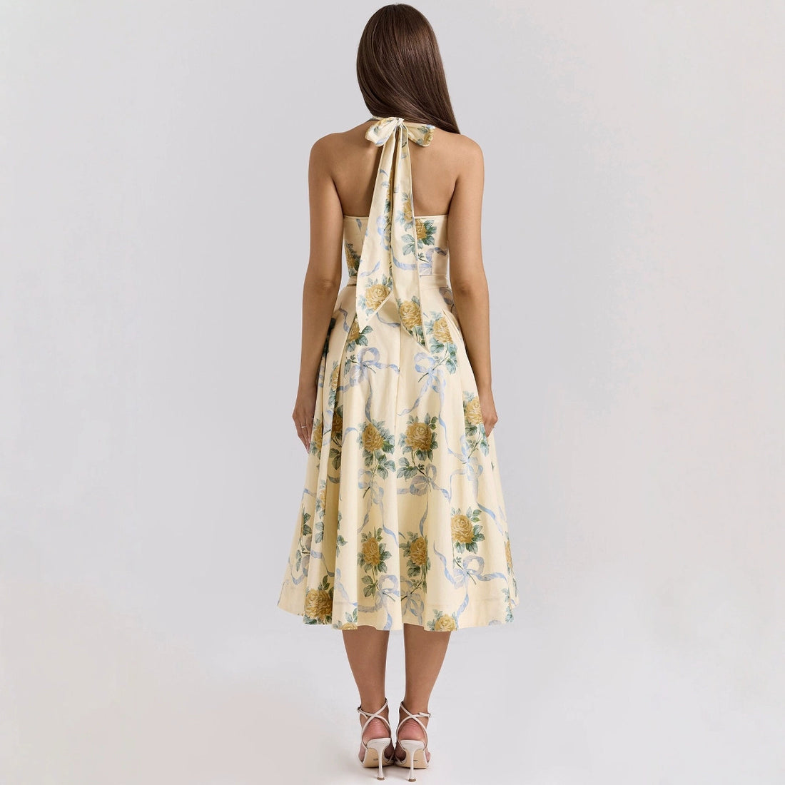 Holiday Style Hanging Neck Deep V-Neck Backless Strap Waist-Tight Printed Mid-Length dress Women's Summer