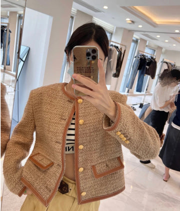 Caramel Color Patchwork Leather Round Neck Metal Buckle Chanel Style Knitted Short Jacket