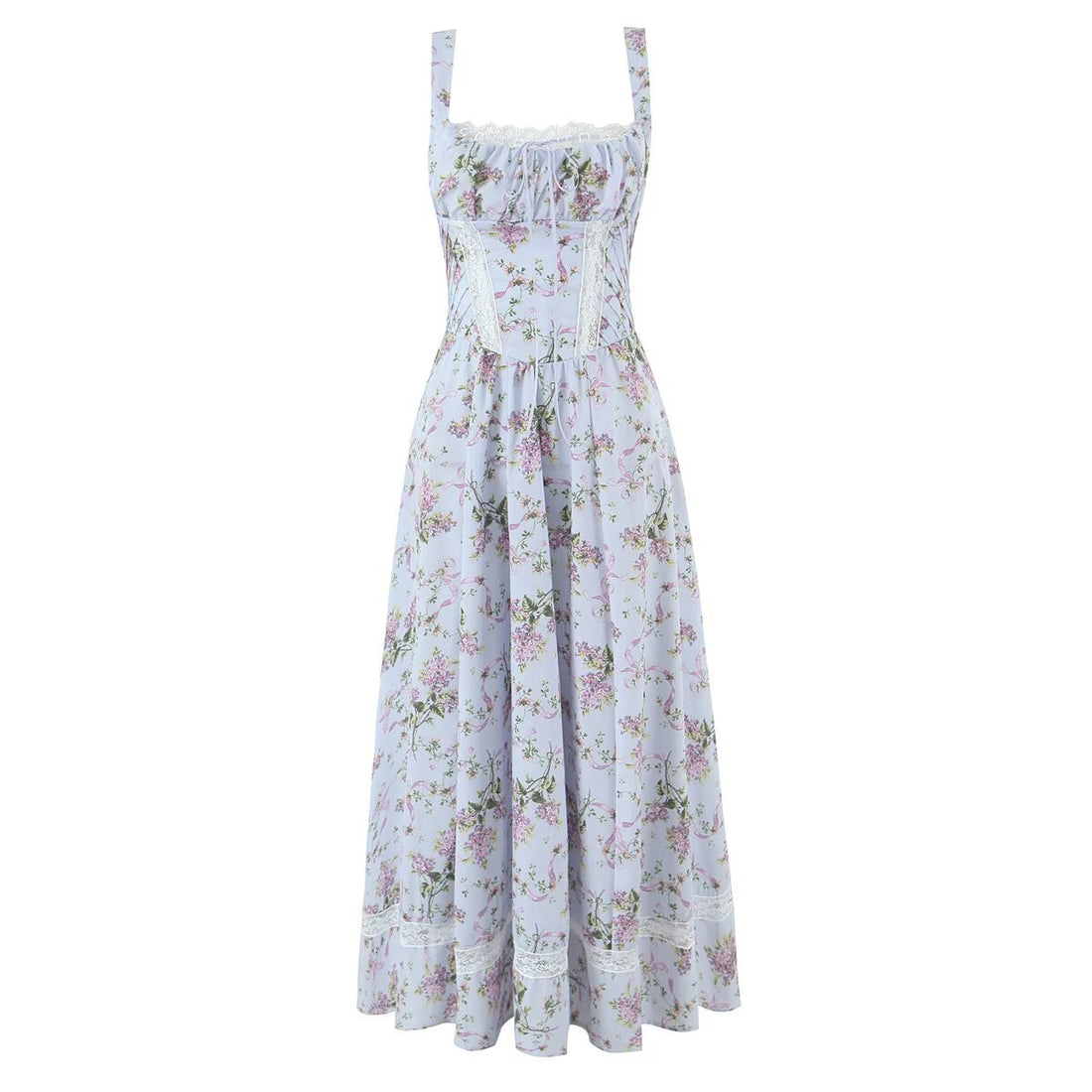 French Romantic Pastoral Style Lilac Floral Print Lace Patchwork Waist-Cinching Midi Dress