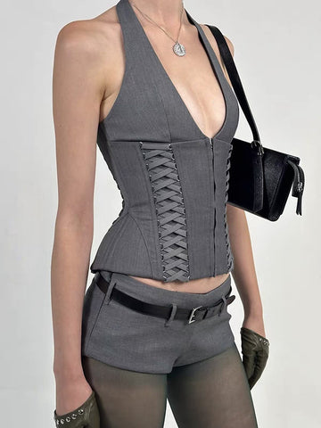 Siren Wind V Strappy Waist-Cinching Suit Camisole Backless Bra+Shorts Suit