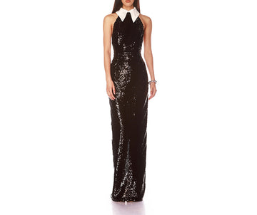 Sequin Dress Slim Fit Backless Sleeveless Halter Neck Color Block Collar Black Gown