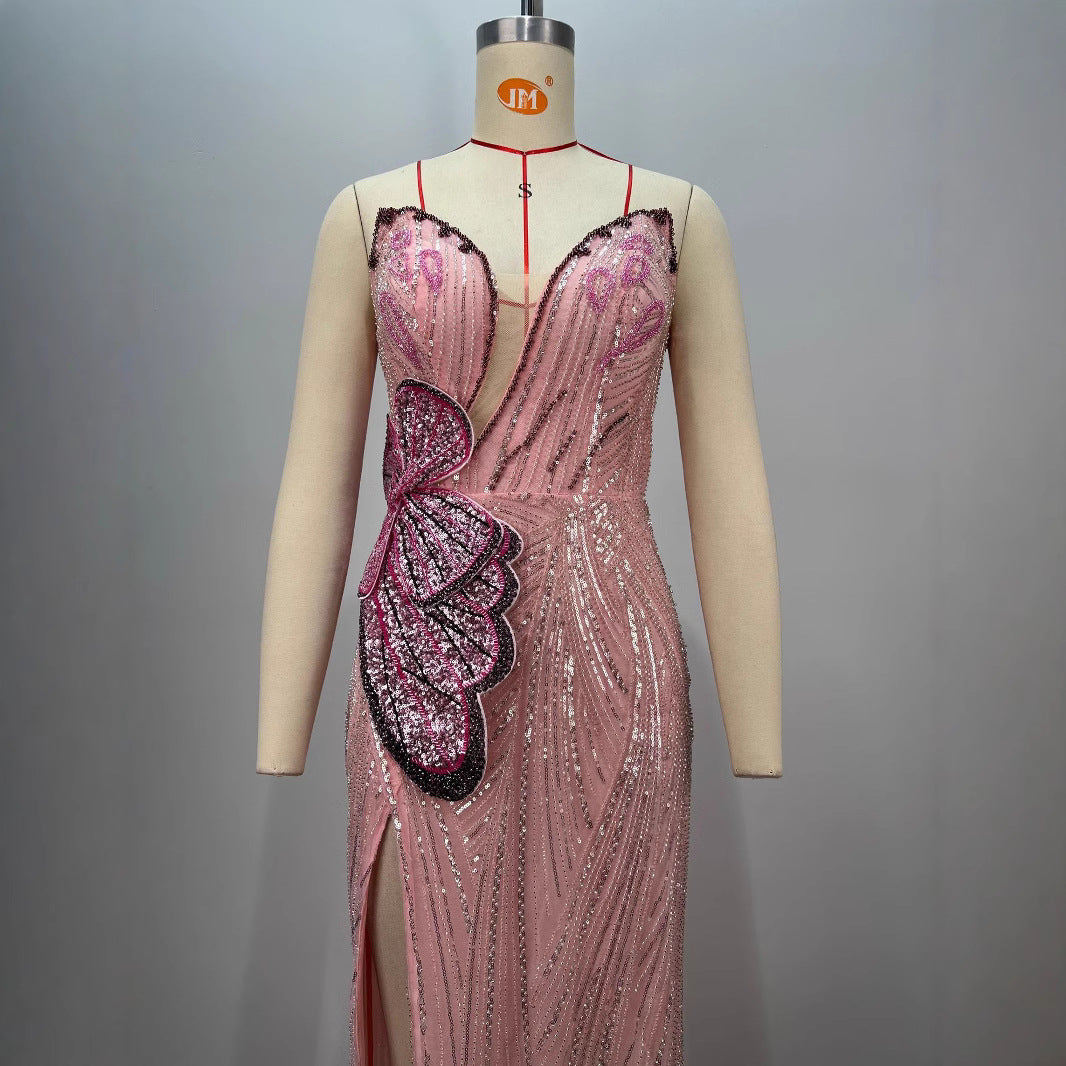 Pink Bra Sequined Slim Butterfly Decoration Split Long Polar Dress Evening Dress for Women