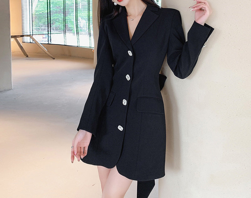 Autumn and Winter Sexy Solid Color Style Long-sleeved Waist Slim-fit Slimming Suit Lapel dress Women's Early Autumn