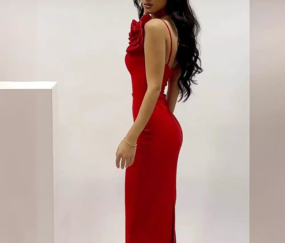 3D Large Flower v Waist-Cinching Dress Gown for Women with a High-End Feel