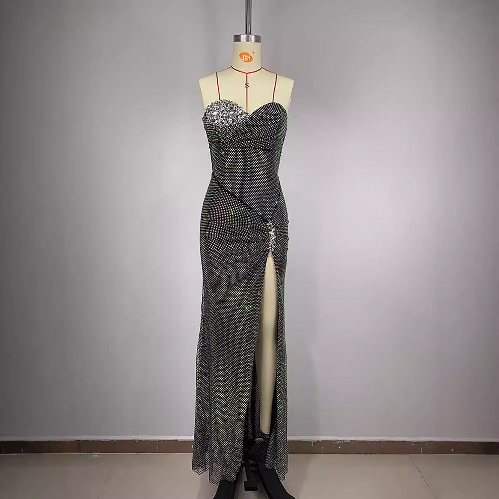 Spicy Girl Sleeveless Mesh High-End Rhinestone Sequin Slit Dress Tube Top Long Dress