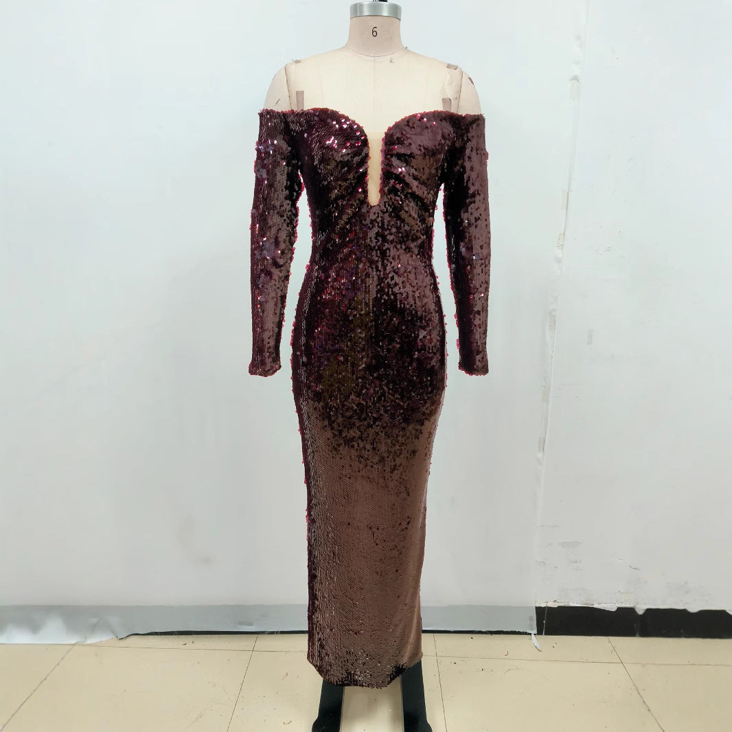 Autumn and winter off-shoulder solid color sequins banquet slim dress