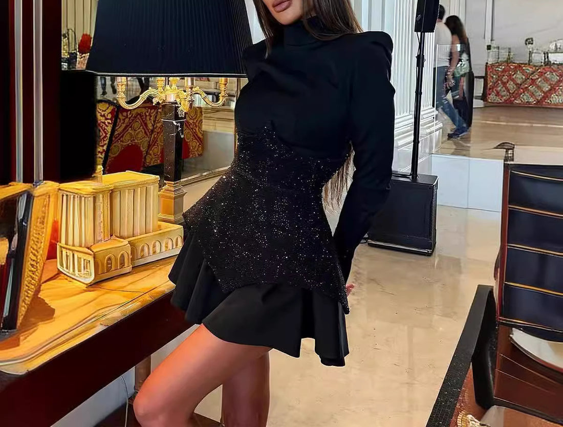 Stand Collar Long Sleeve Dress Fashion Sequin Color Block Slim Fit Patchwork Short Dress