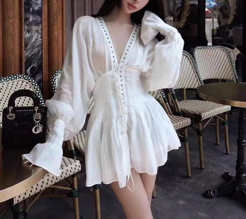 Pure Lazy Lace-up Waist-Controlled Long Sleeve Dress Short Skirt