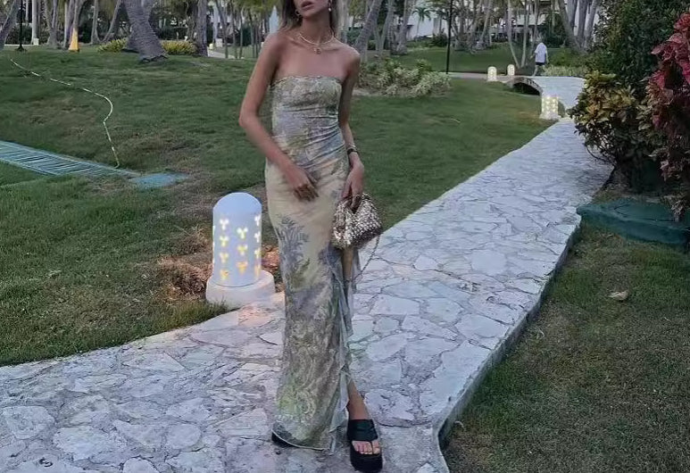 Sexy Printed Strapless Dress for Women Beach Vacation Split Mesh Bodycon Dress