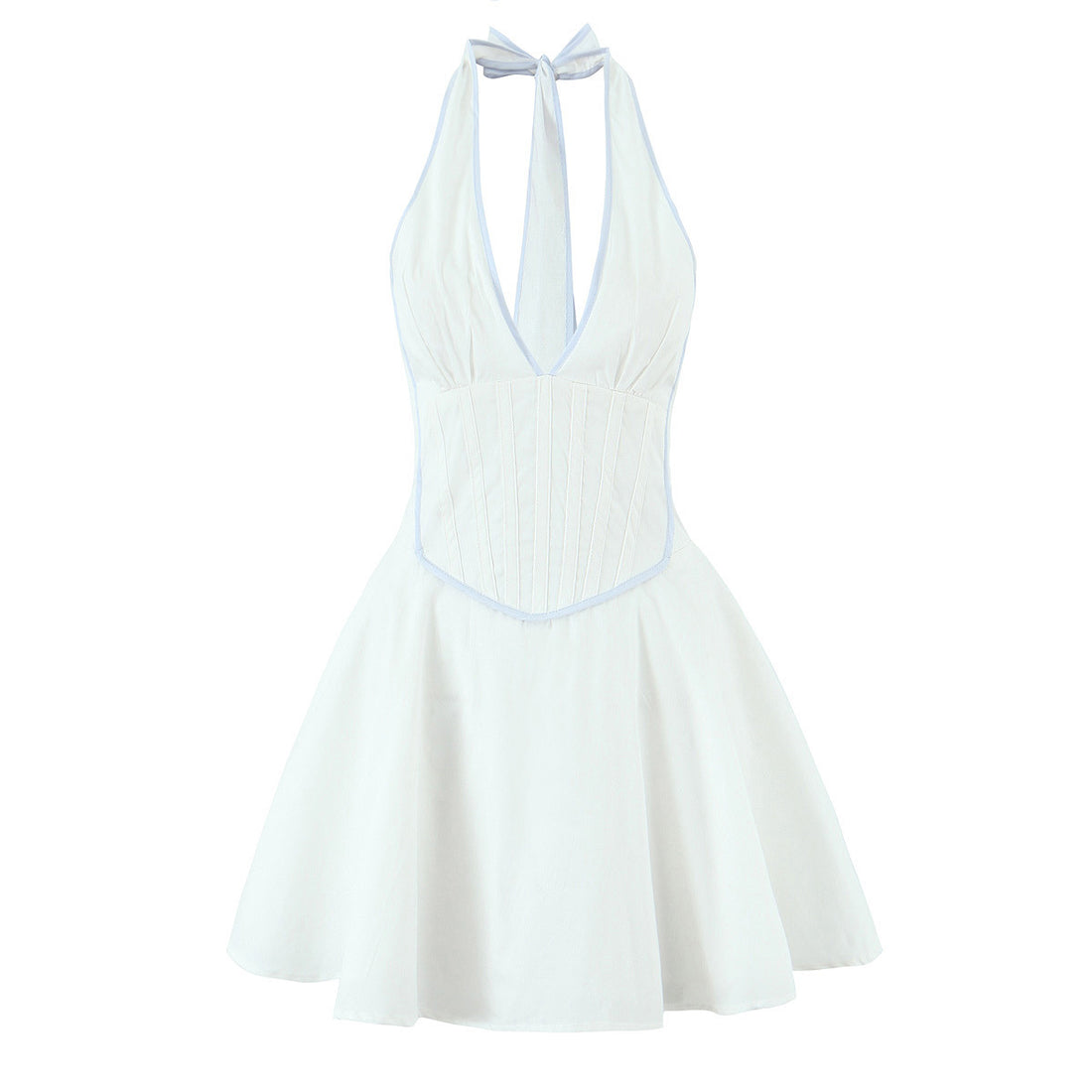 White Pure Desire Deep V Sleeveless Halter Waist Slimming Dress for Women Sweet Bow Short Dress Summer
