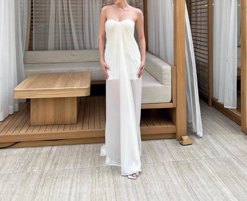 Elegant Goddess Style Long Silk Strapless Mesh Dress
