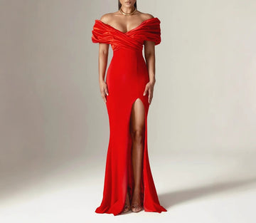 Evening Dress Off-Shoulder Sexy Split Dress Strapless Solid Color Ruched Bodycon