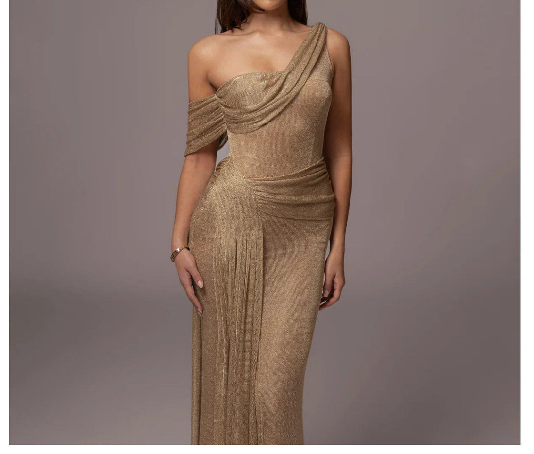 One-Shoulder Backless Slim-Fit Flash Gold Pleated Long Evening Dress Women's Banquet Party Dress