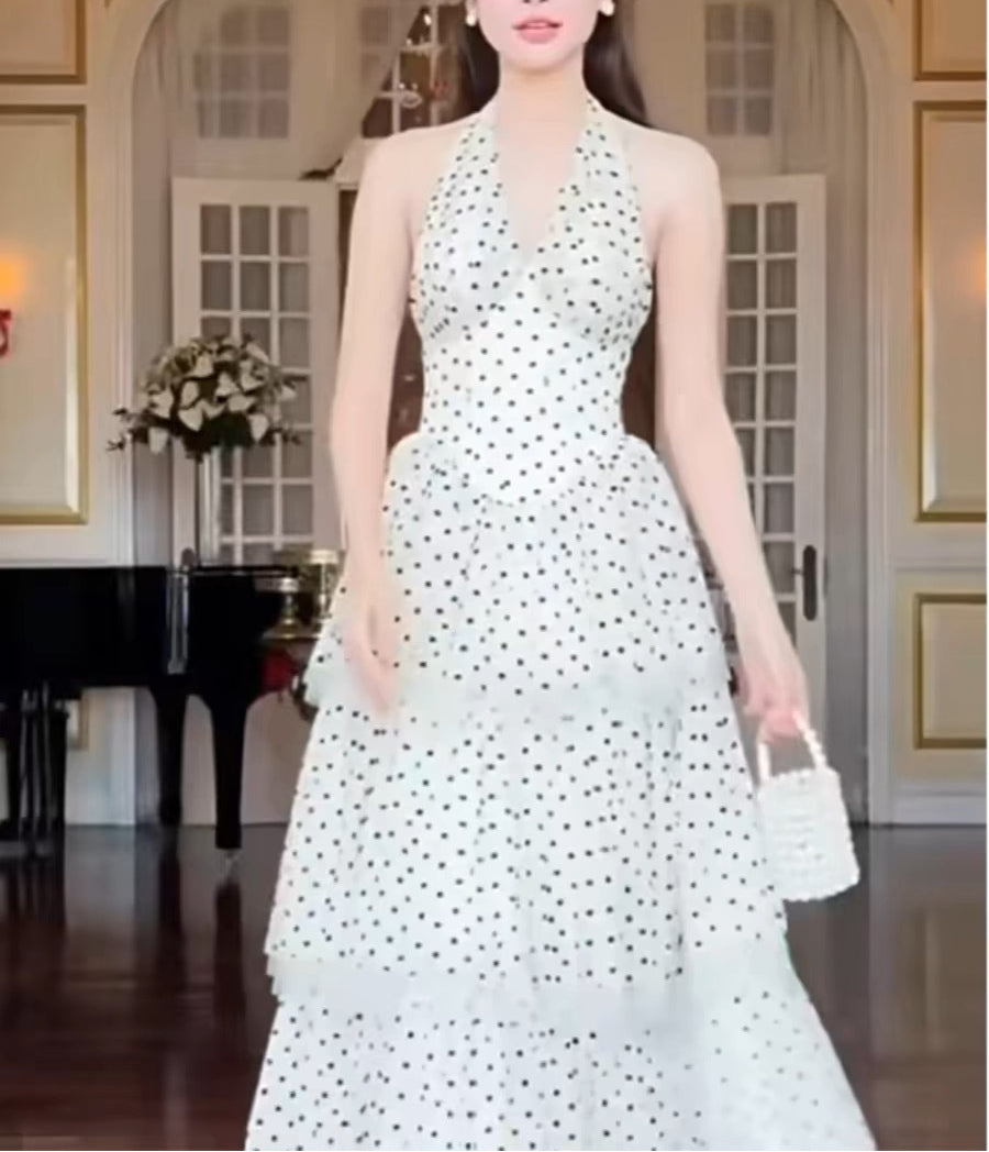 Princess Style Halter Neck Slim Fit Polka Dot Layered Lace Trim A Line Skirt Women