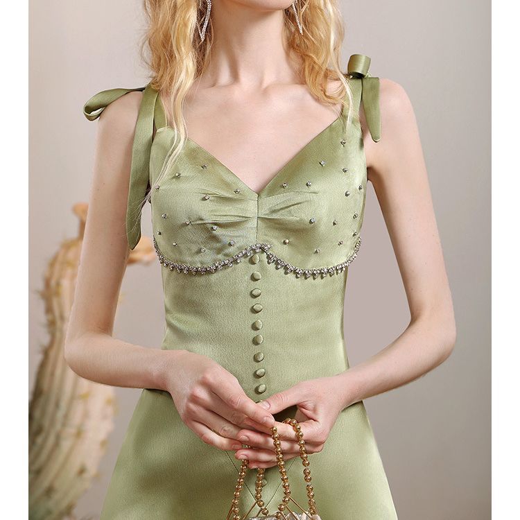 Spaghetti Strap Dress with Green Tie, Color-Matched Button Chain Decoration, Handmade Rhinestone Satin Dress for Women