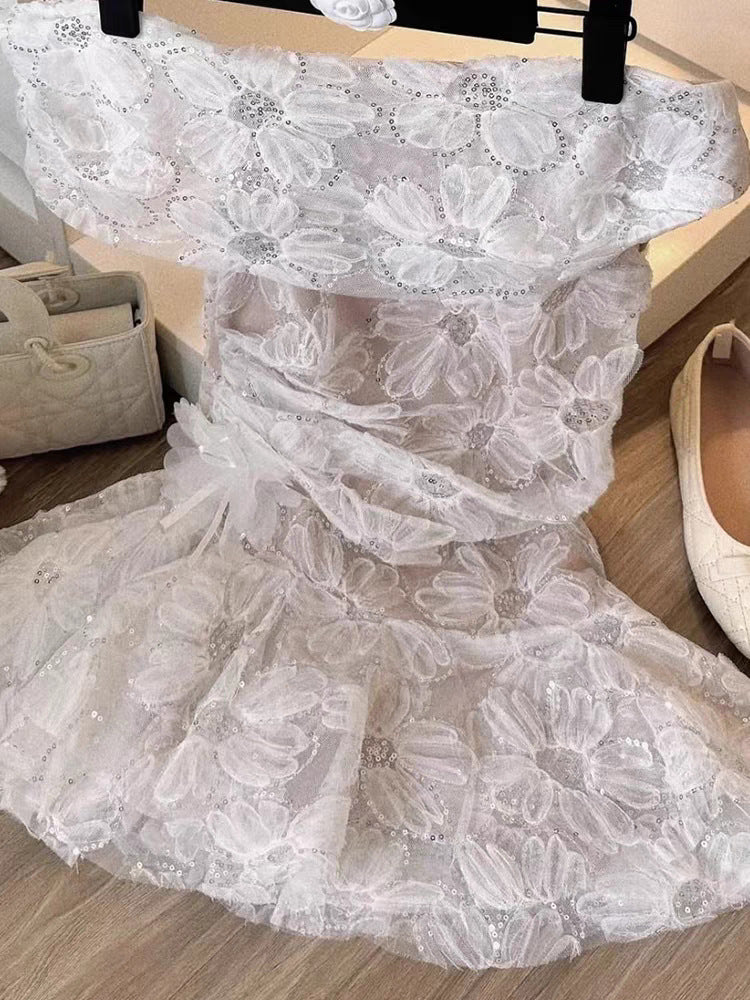 French Style Light Luxury Lace Embroidered Asymmetric Shoulder Dress Summer New High-end Sense Elegant Gown Dress