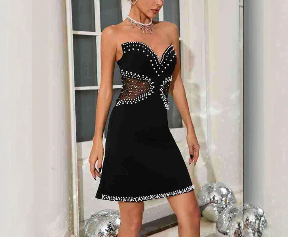 Black Tube Top Romantic French Waist Hollow-out Slim Dress