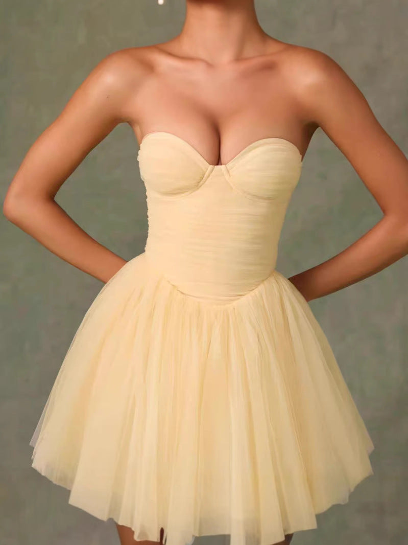 Yellow Sweet and Spicy Sexy Strapless Dress Waist-Cinching Slimming Princess Puff Dress