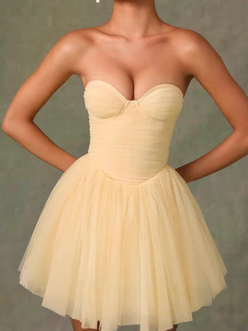 Yellow Sweet and Spicy Sexy Strapless Dress Waist-Cinching Slimming Princess Puff Dress