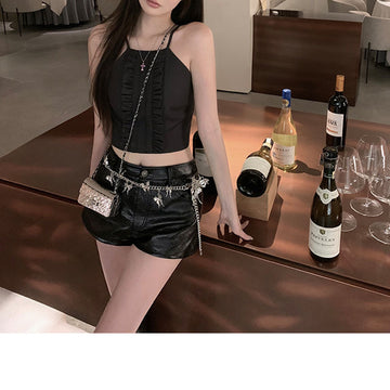Stylish Sexy Girl Black Shorts with Inner Lining PU Leather Versatile Casual Straight Slimming Leather Shorts Autumn New Style