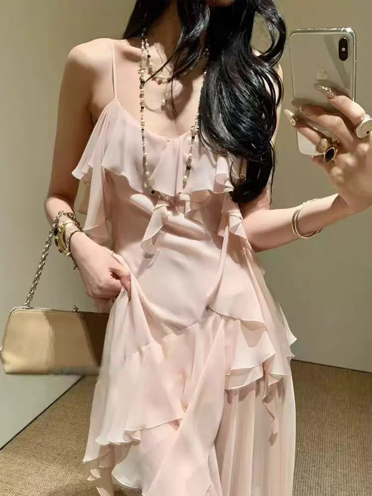 Summer New Fairy Pink Ruffled Fairy Style Pure Style Style dress
