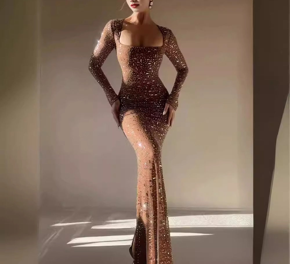 Sexy Slim Fit Long Sleeve Rhinestone Dress