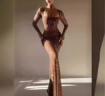Sexy Slim Fit Long Sleeve Rhinestone Dress