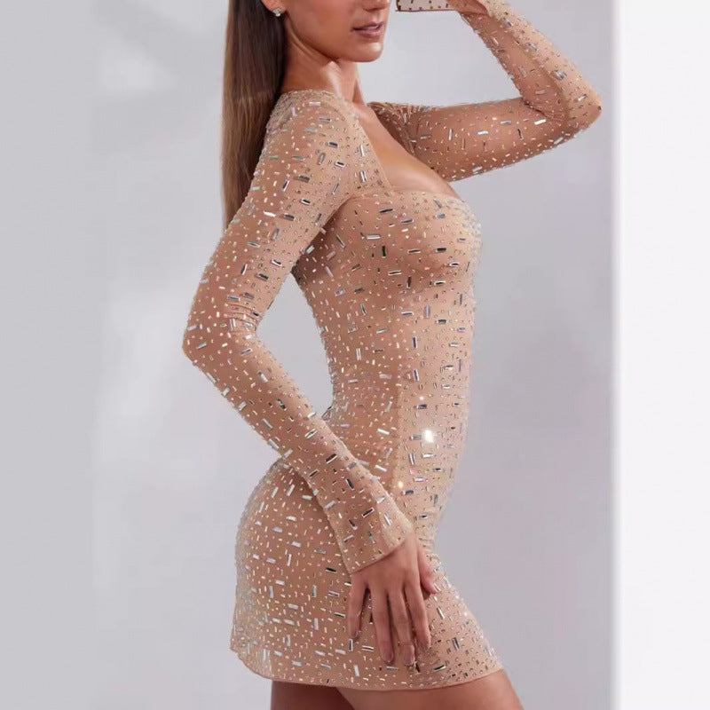 Banquet Birthday Sexy Dress Nude Color Sparkling Sequin Square Neck mini Dress