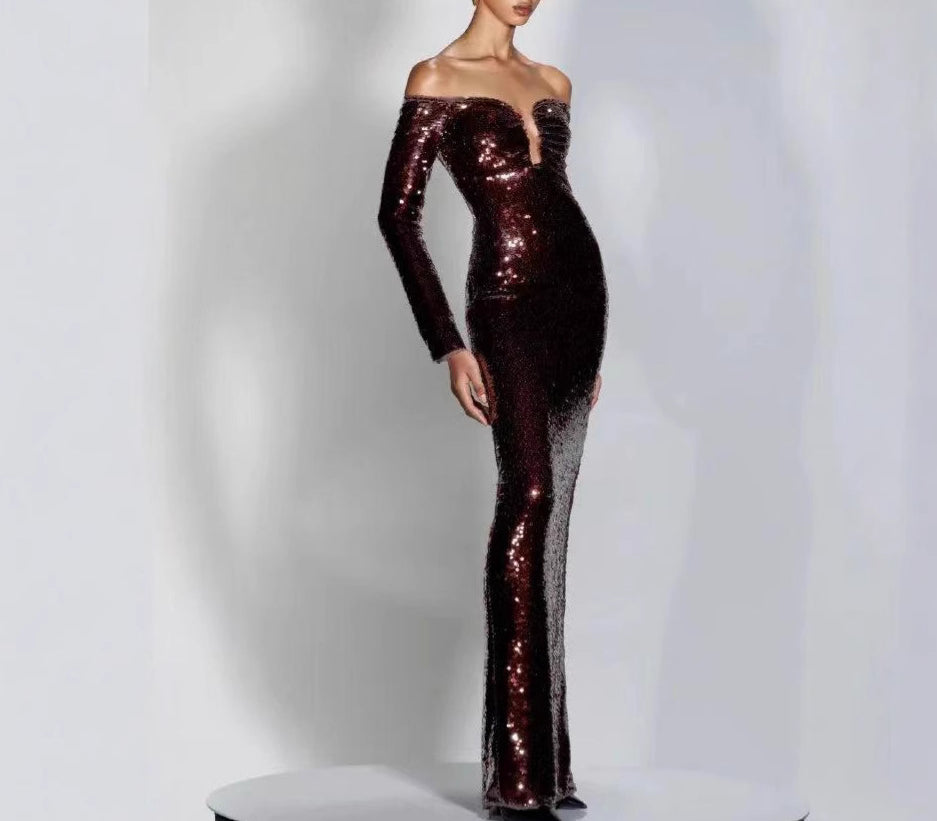 Autumn and winter off-shoulder solid color sequins banquet slim dress