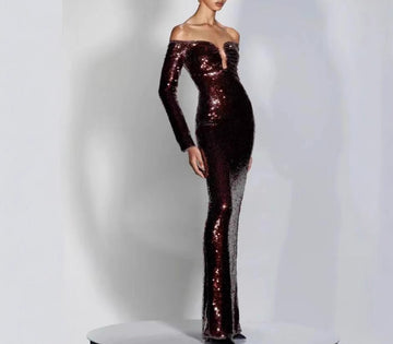 Autumn and winter off-shoulder solid color sequins banquet slim dress