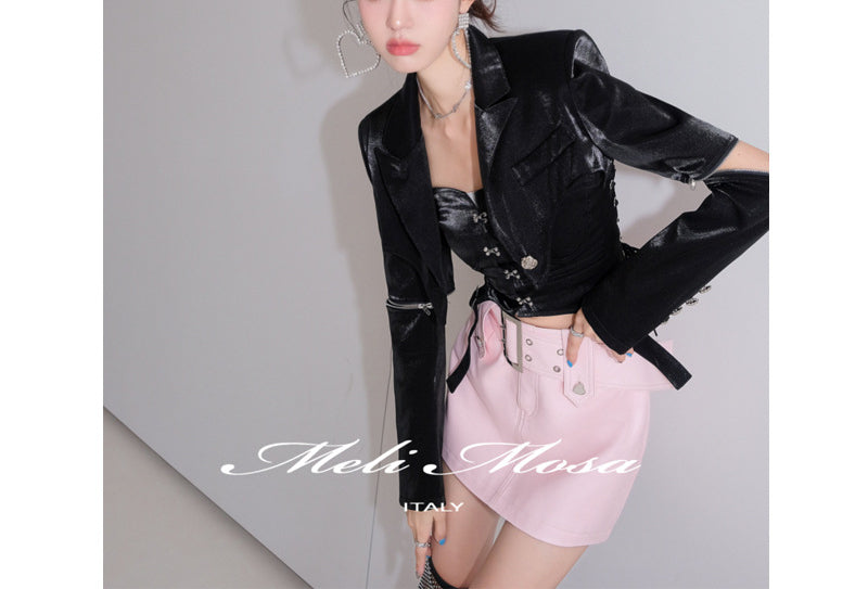Fashion suit Women's Black Short Suit Jacket Strapless Small Sling Two-piece Set
