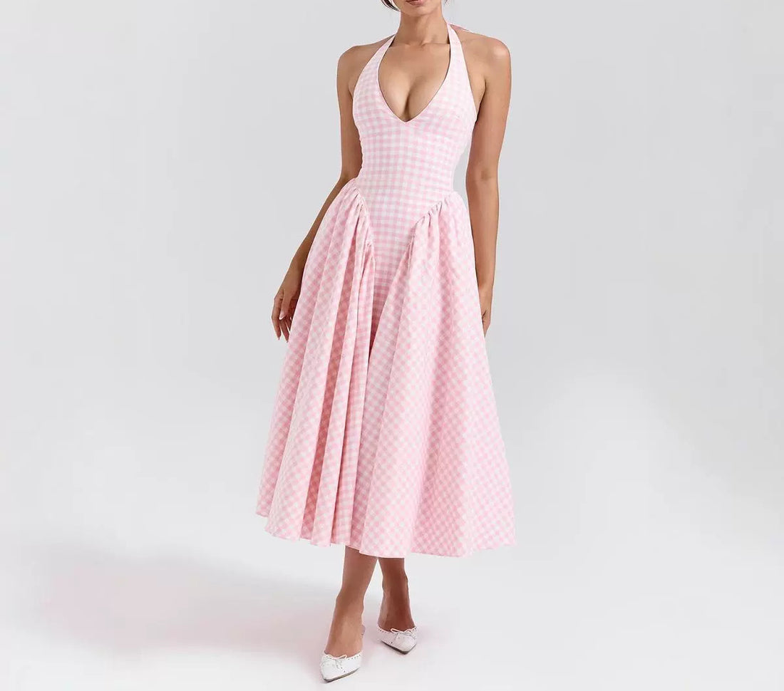 French Style Sweet Pink Plaid Halter Tie Sexy V-neck Backless Strap Dress